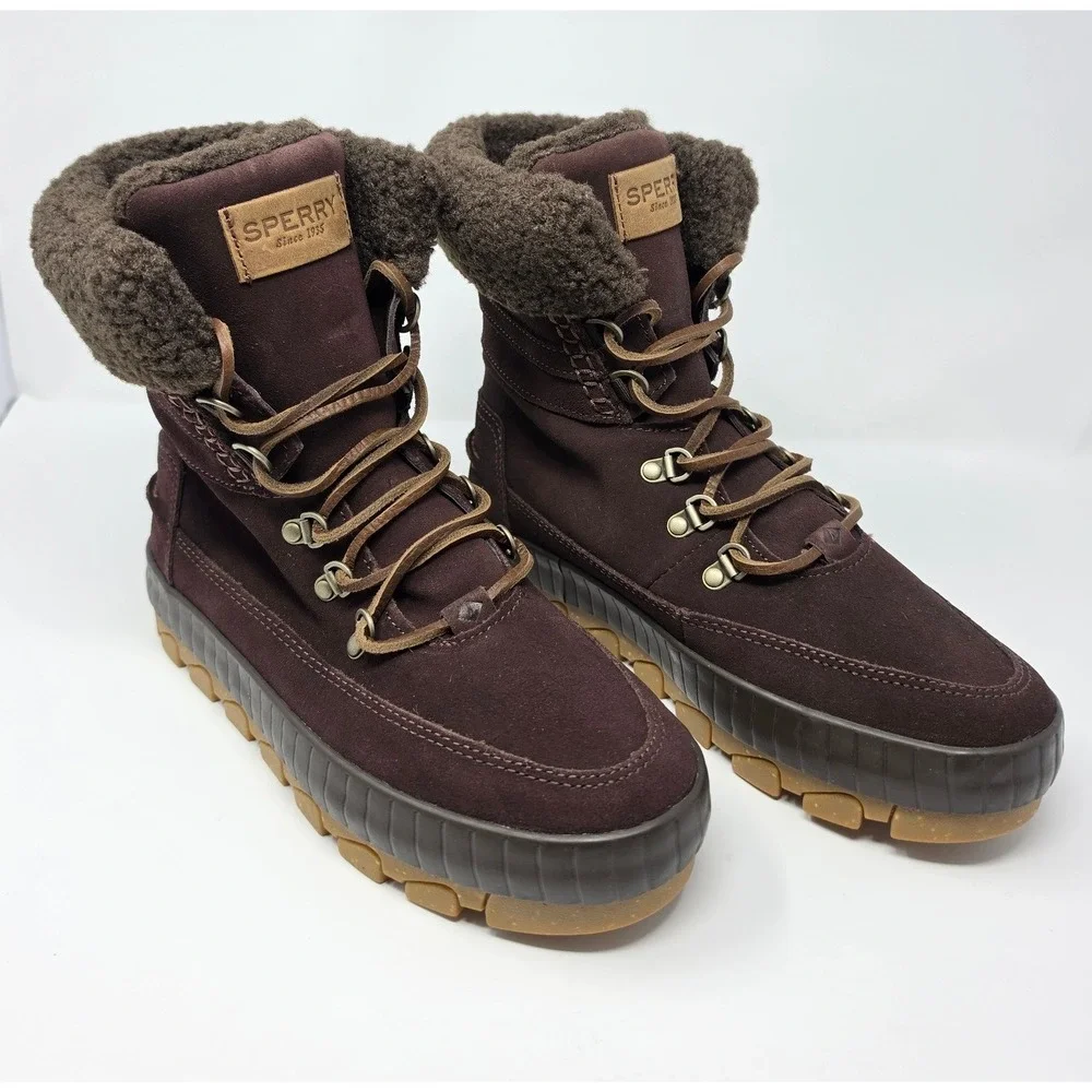 Sperry Torrent Winter Brown Waterproof Boots Faux Fur Memory Foam STS87756 W9
